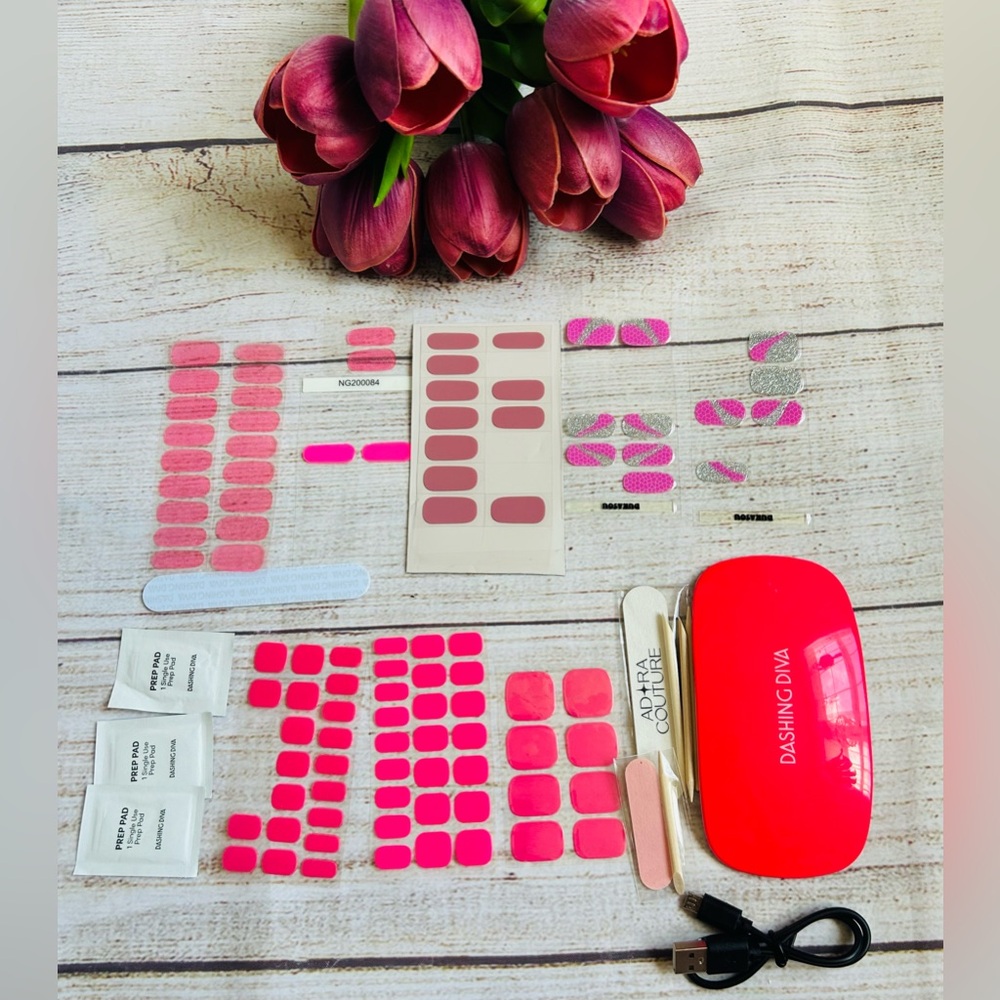 Dashing Diva Pink Semi-Cured Gel Nail Wraps Mani /Pedi + Lamp Bundle